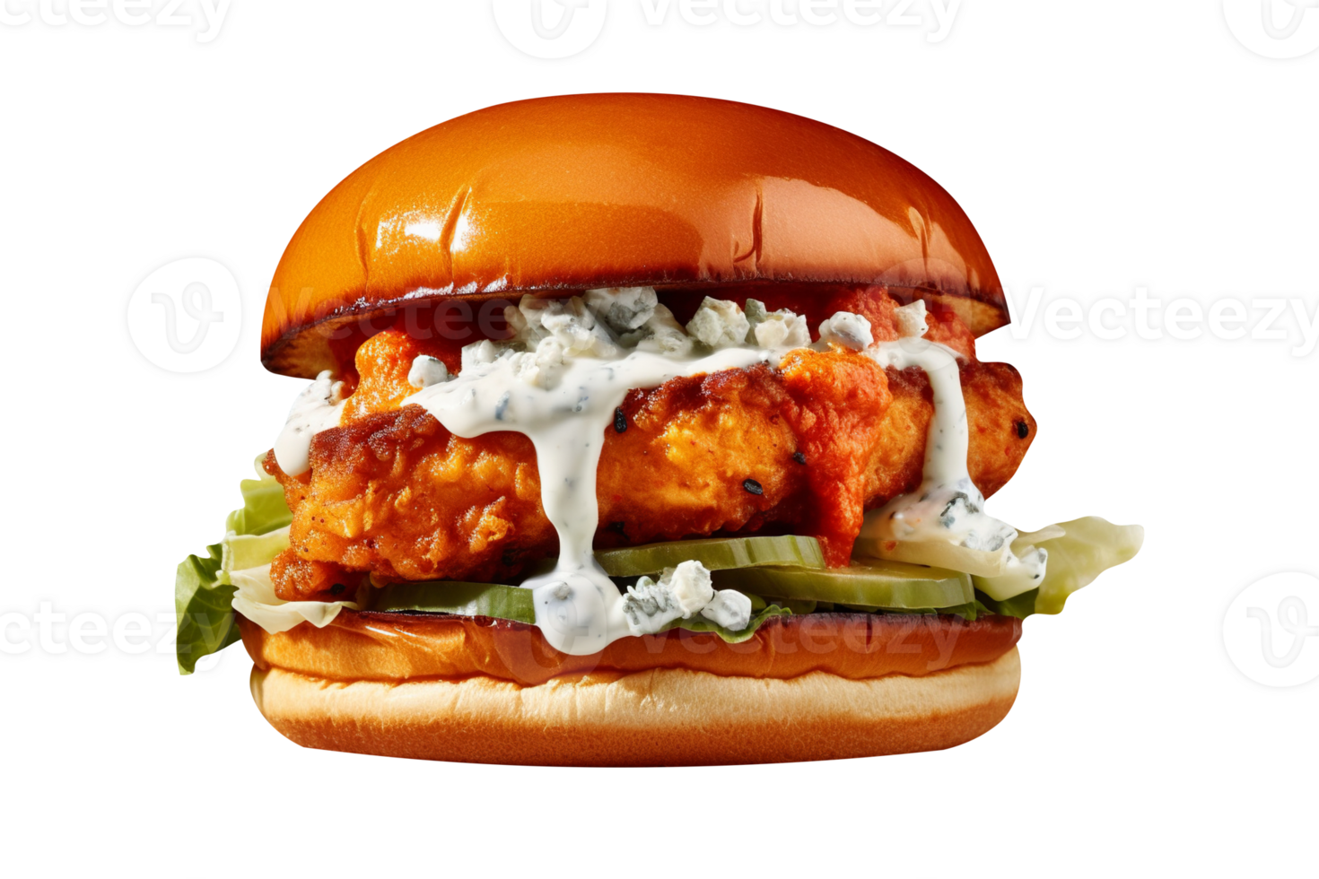 Delicious buffalo chicken burger on transparent background png