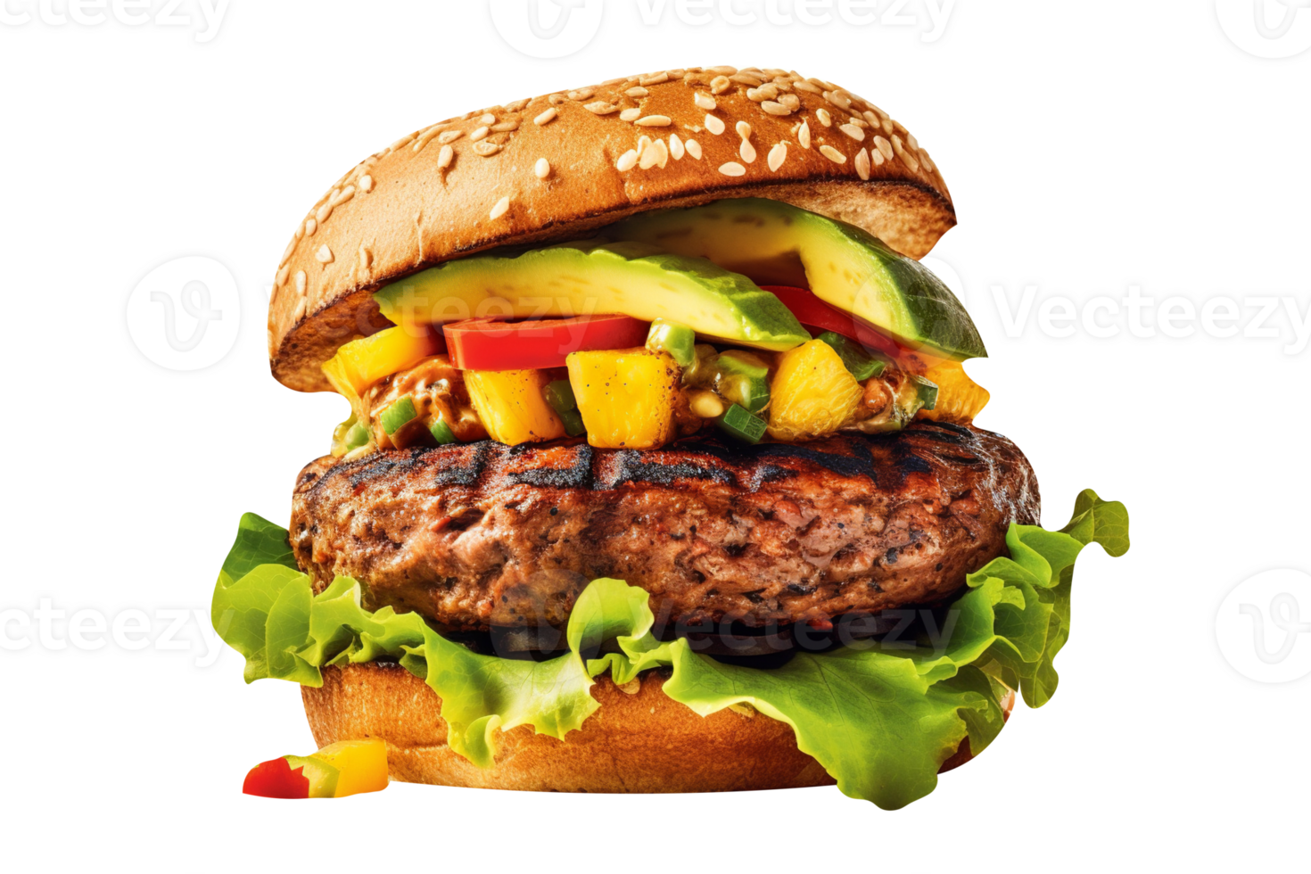 Delicious mouthwatering burger isolated on transparent background png