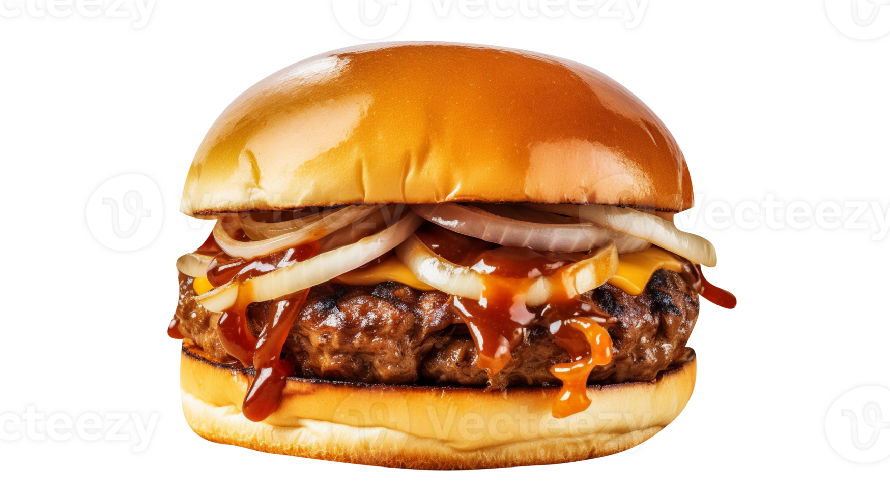 Delicious caramelized onion burger on transparent background png