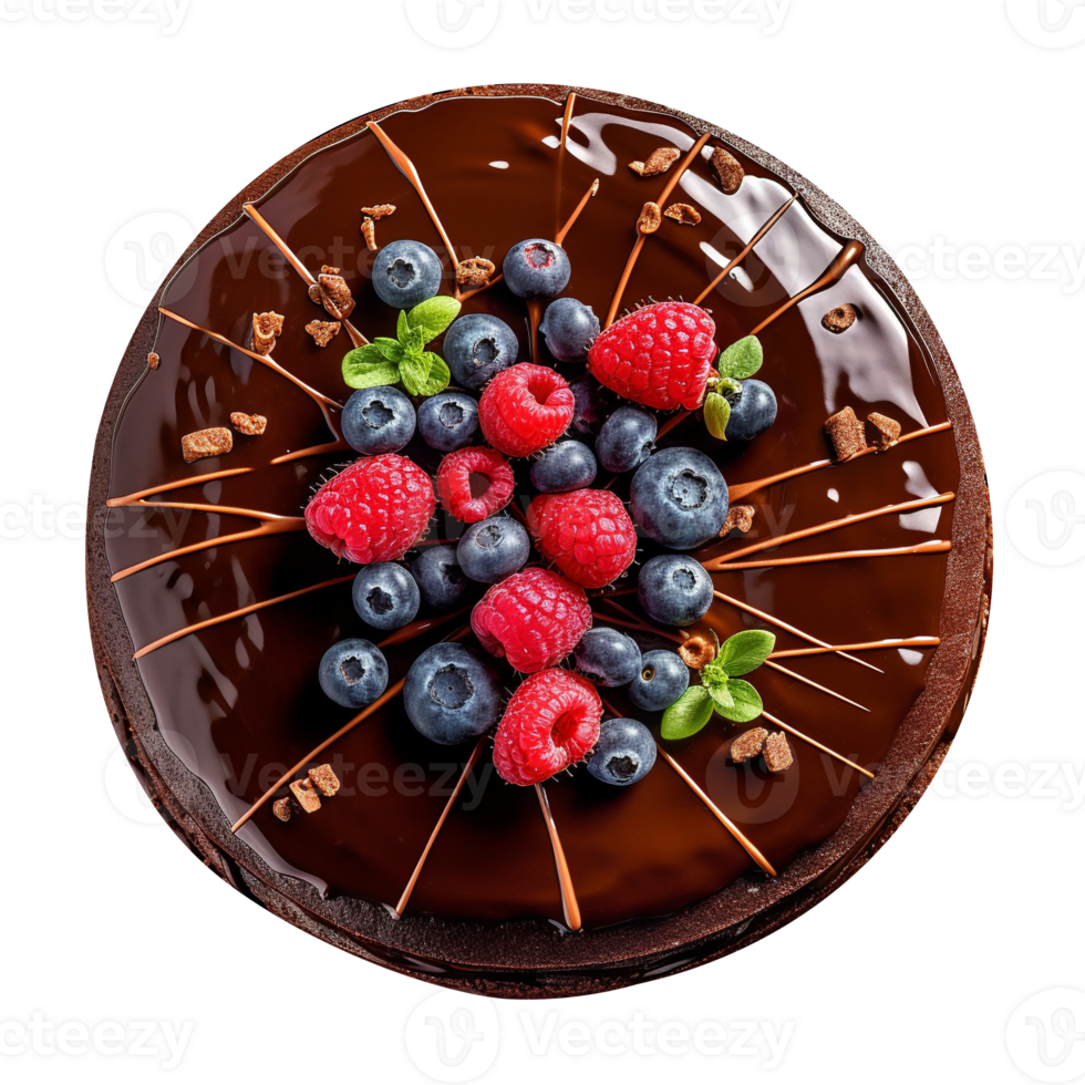 Delicious chocolate cake decorated with fresh berries on png background