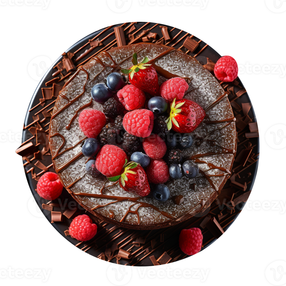 Delicious chocolate cake decorated with fresh berries on png background