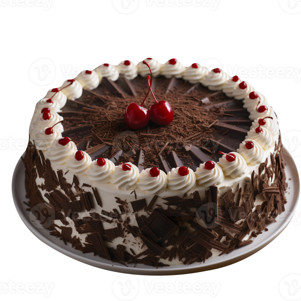 Delicious black forest cake decorated with fresh cherries on png background