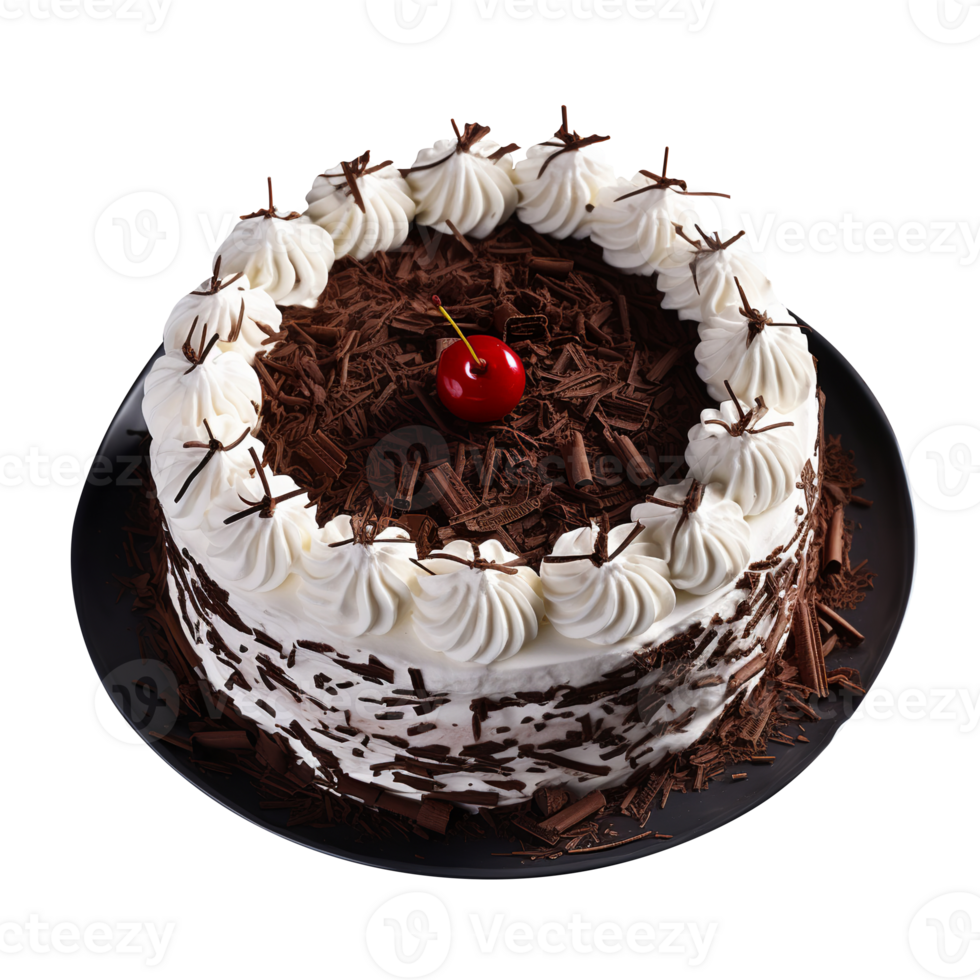 Delicious black forest cake decorated with fresh cherries on png background