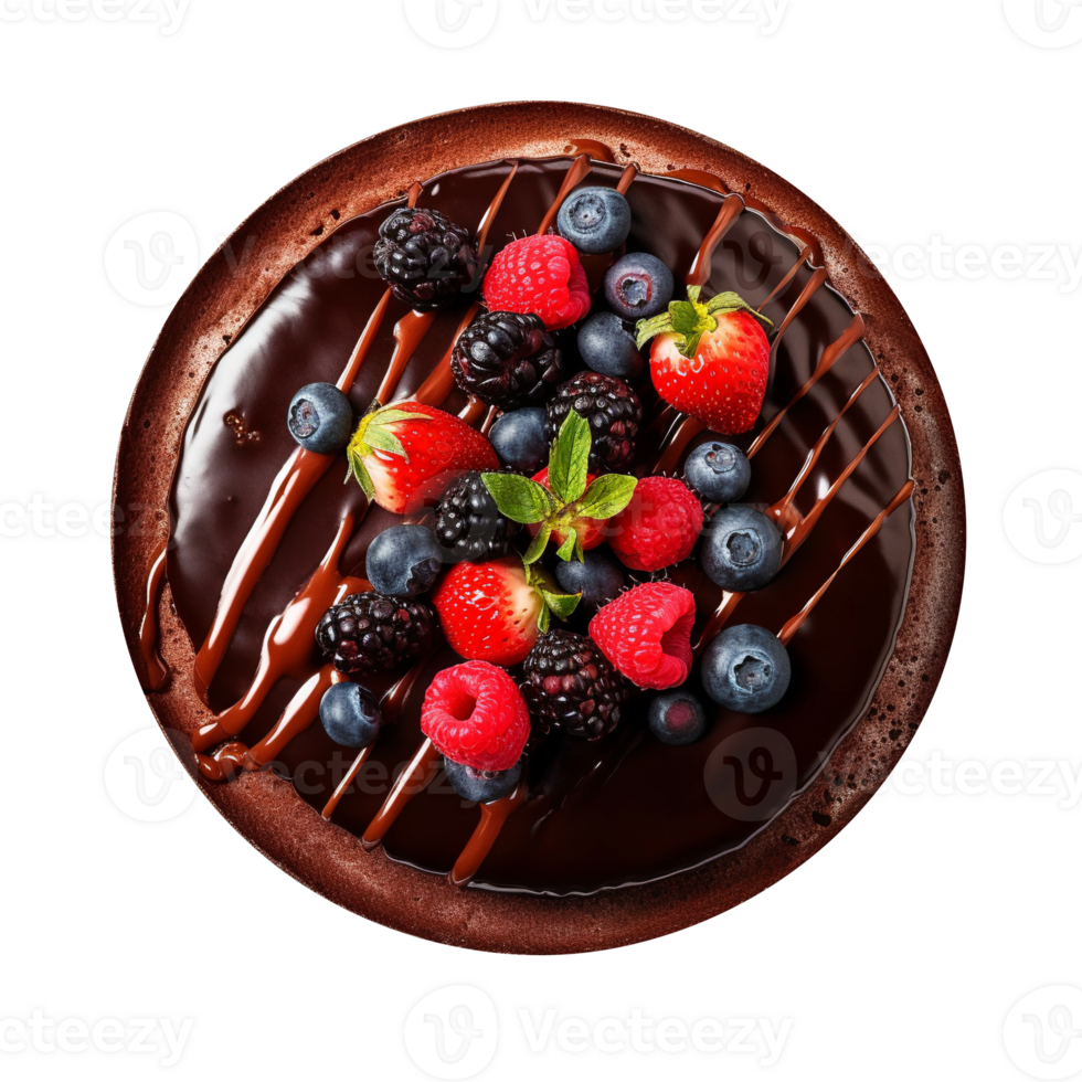 Delicious chocolate cake decorated with fresh berries on png background