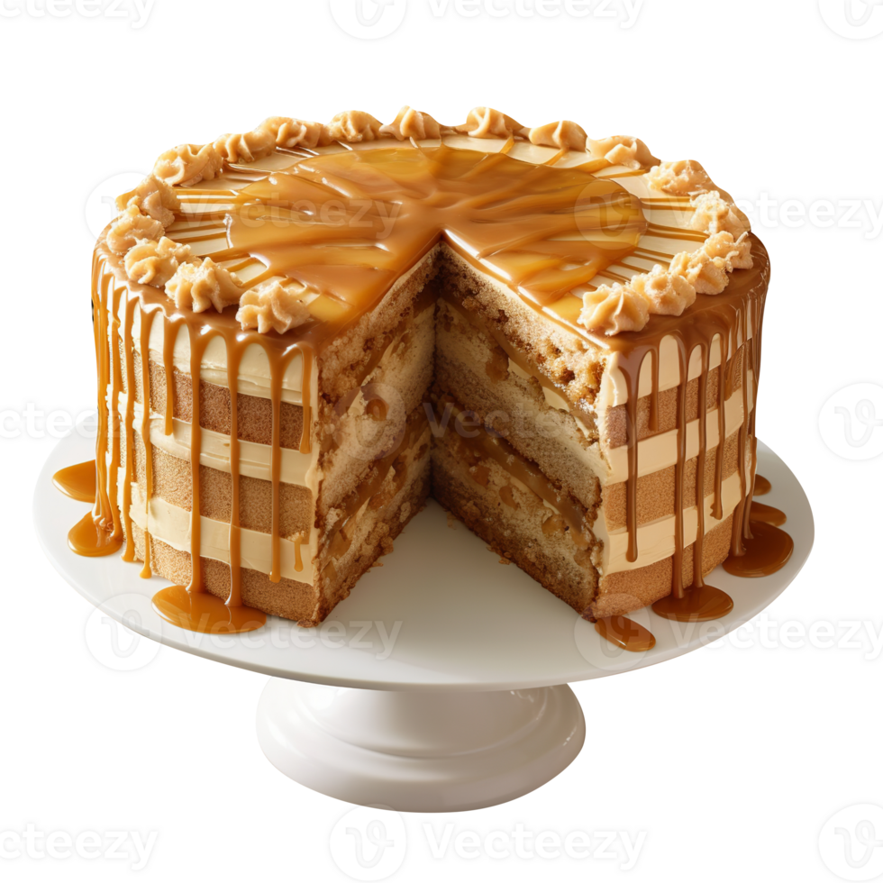 Tasty caramel glazed cake isolated on transparent background png