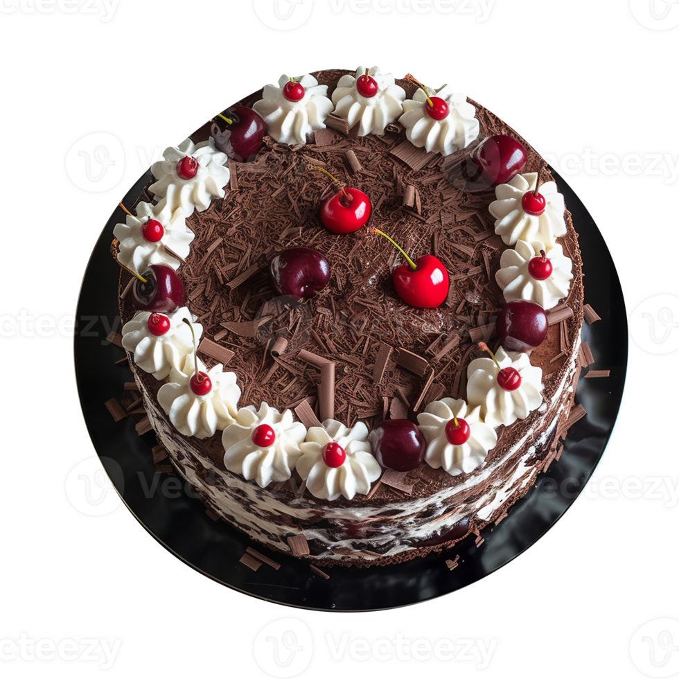 Delicious black forest cake decorated with fresh cherries on png background