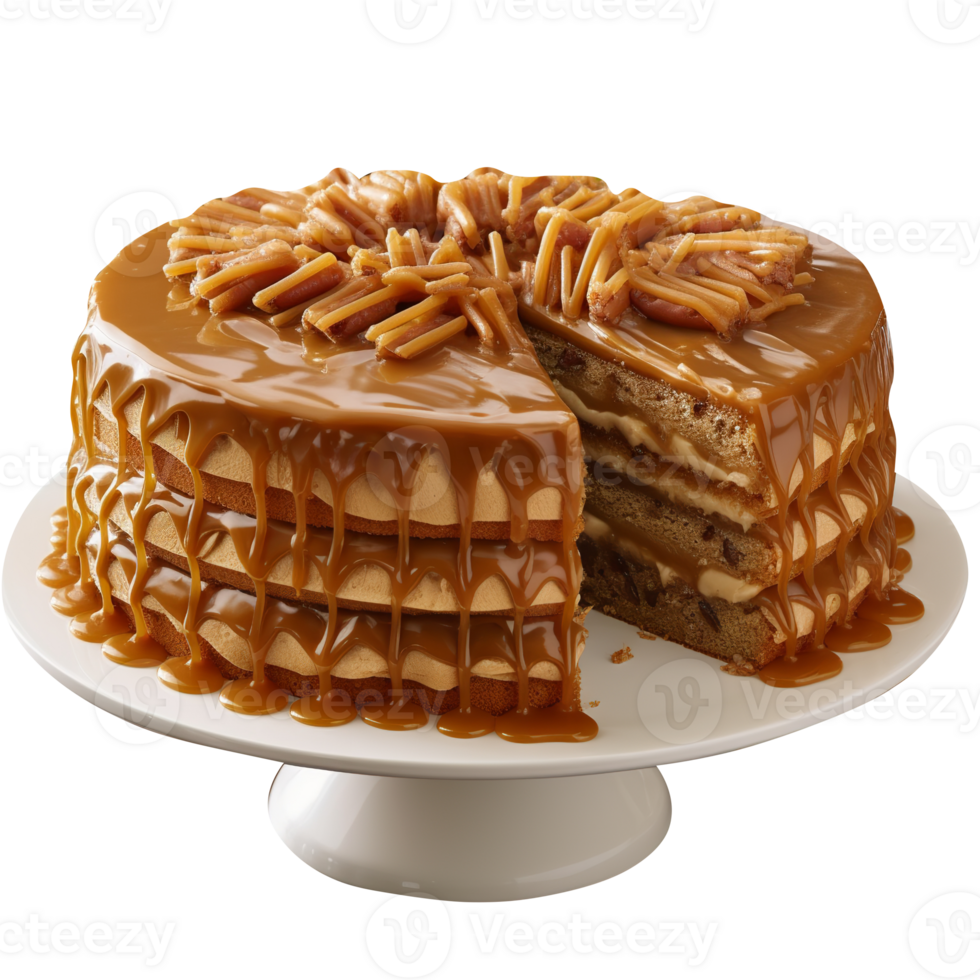 Tasty caramel glazed cake isolated on transparent background png