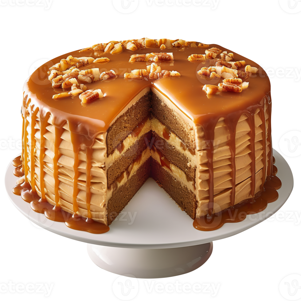 Tasty caramel glazed cake isolated on transparent background png