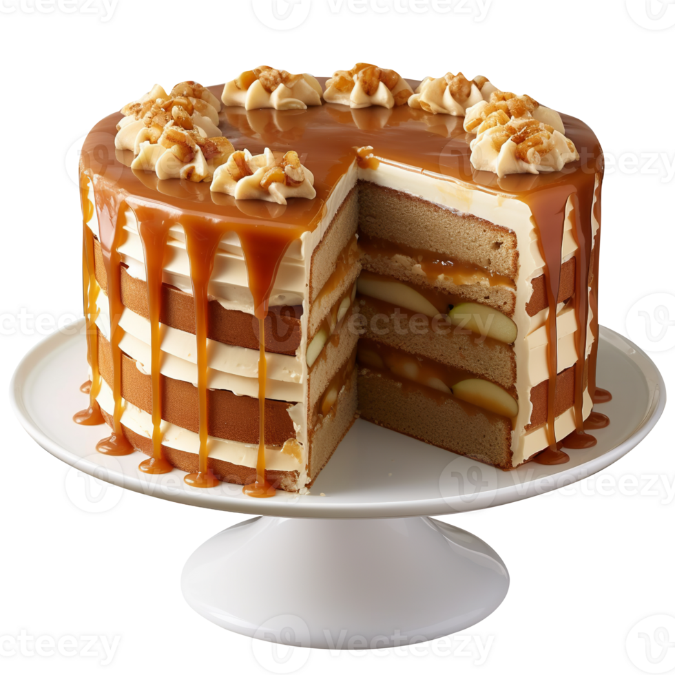 Tasty caramel glazed cake isolated on transparent background png