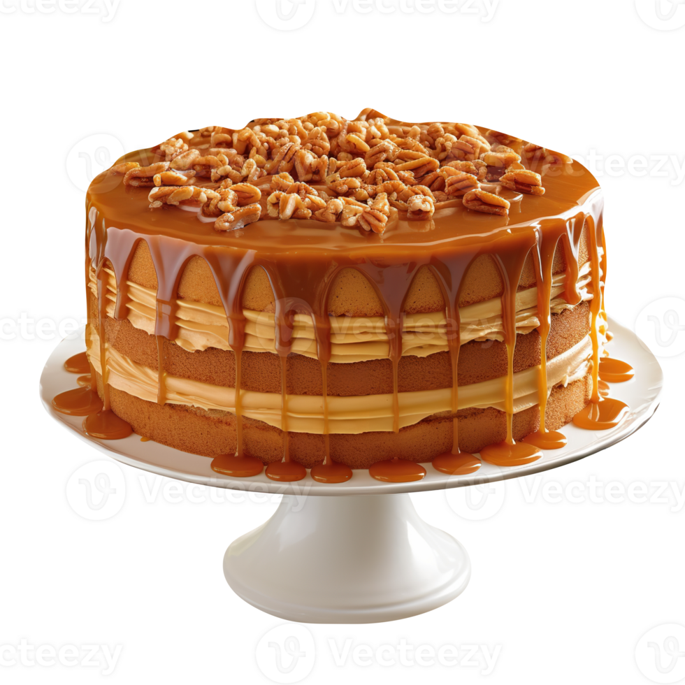 Tasty caramel glazed cake isolated on transparent background png