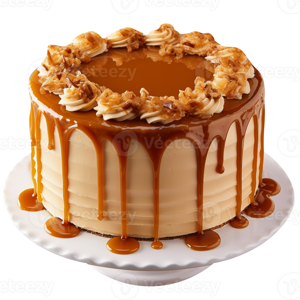 Tasty caramel glazed cake isolated on transparent background png