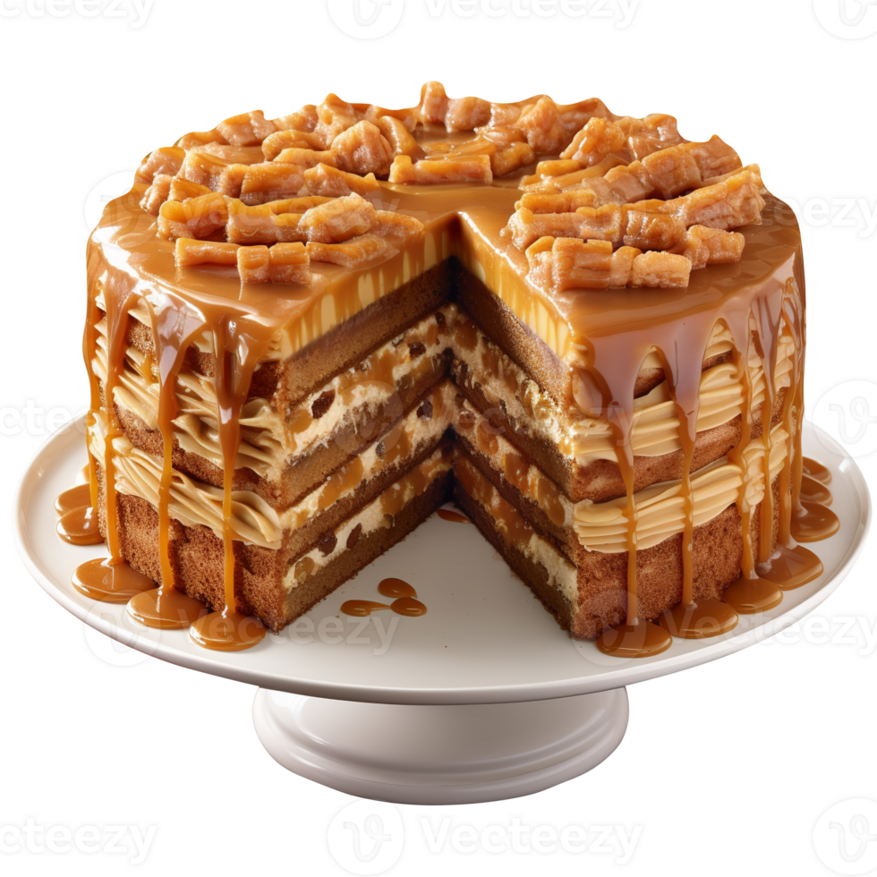 Tasty caramel glazed cake isolated on transparent background png
