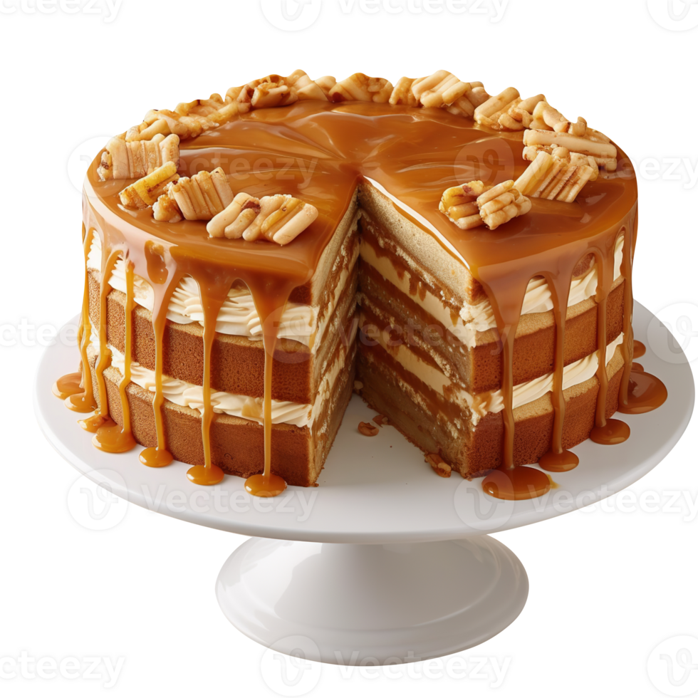 Tasty caramel glazed cake isolated on transparent background png