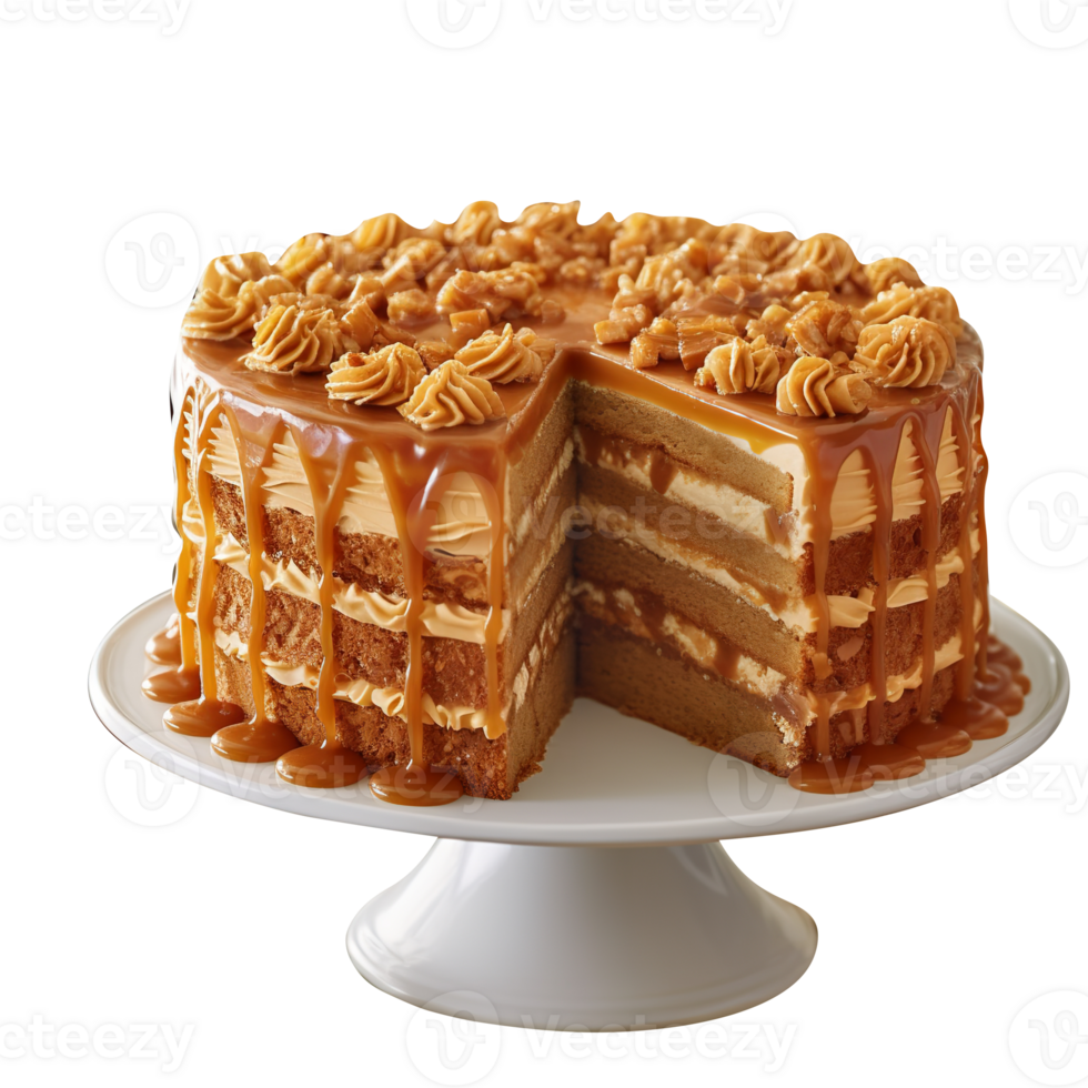 Tasty caramel glazed cake isolated on transparent background png