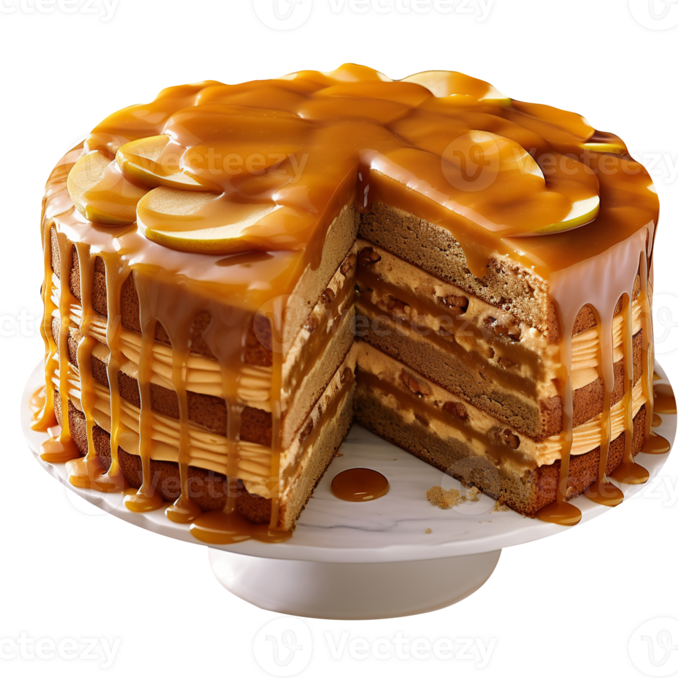 Tasty caramel glazed cake isolated on transparent background png