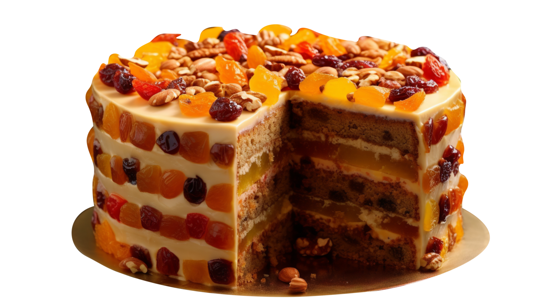 Delicious dry fruits decorated cake isolated on transparent background png