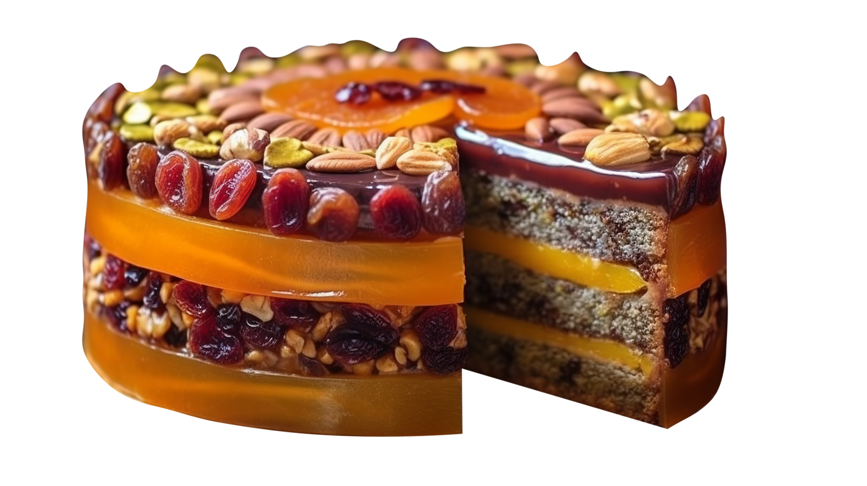 Delicious dry fruits decorated cake isolated on transparent background png