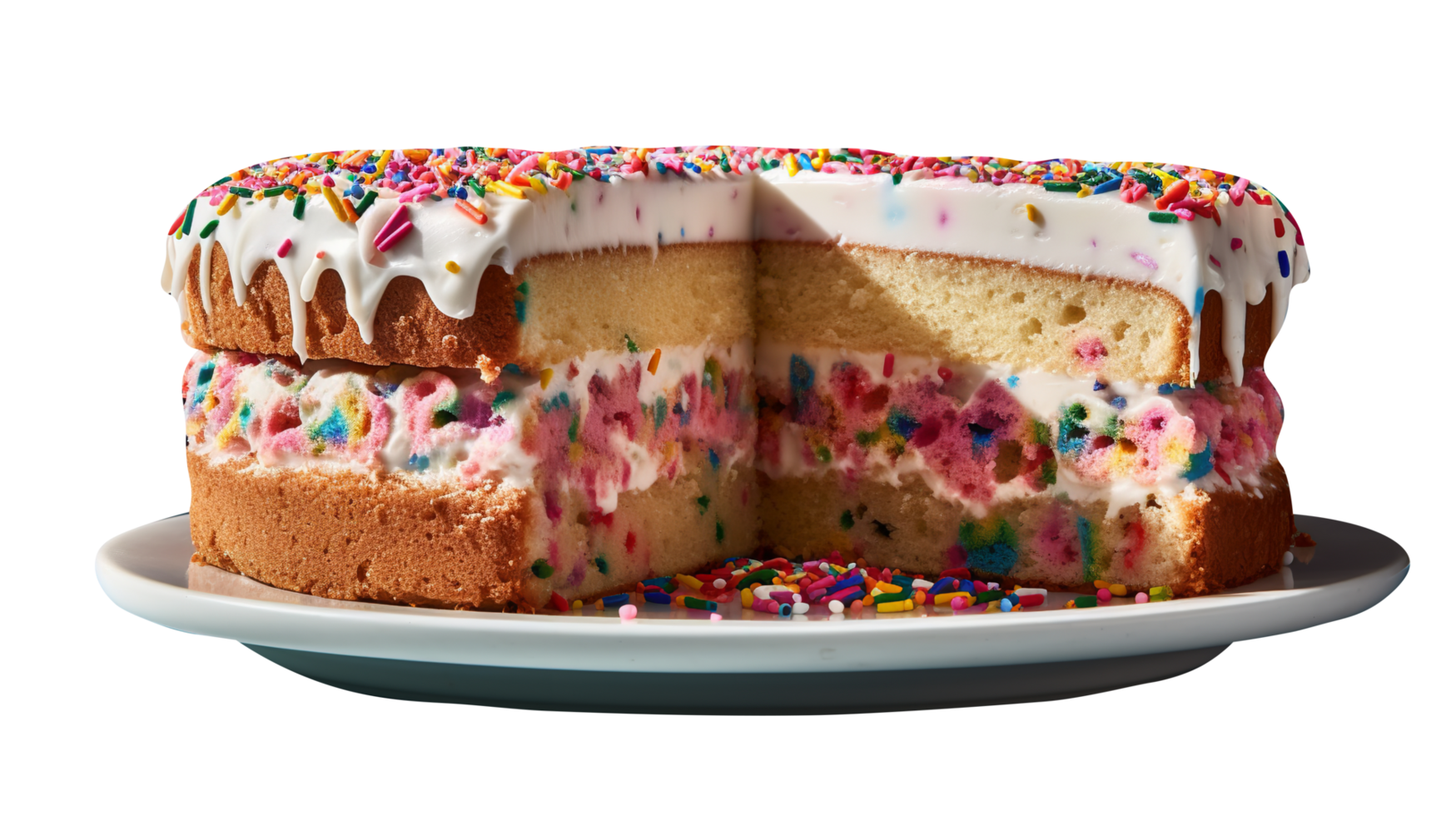 Delicious funfetti cake decorated with sprinkles on transparent background png