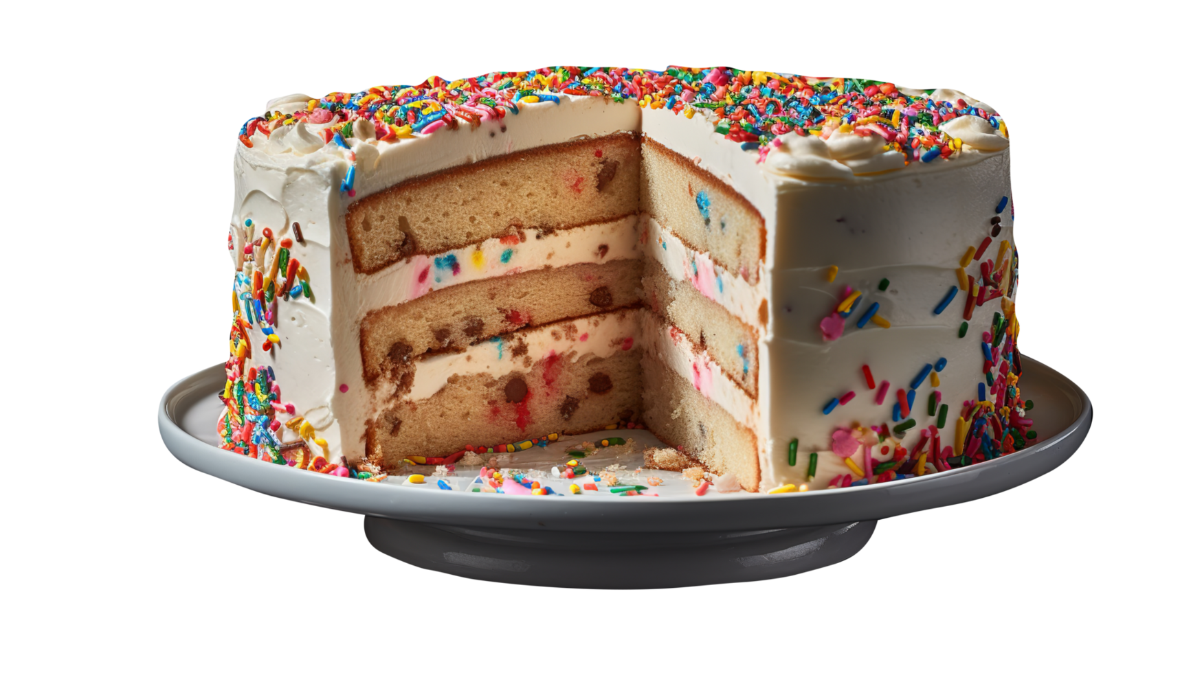 Delicious funfetti cake decorated with sprinkles on transparent background png