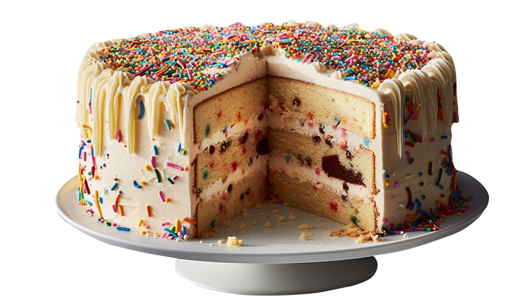 Delicious funfetti cake decorated with sprinkles on transparent background png
