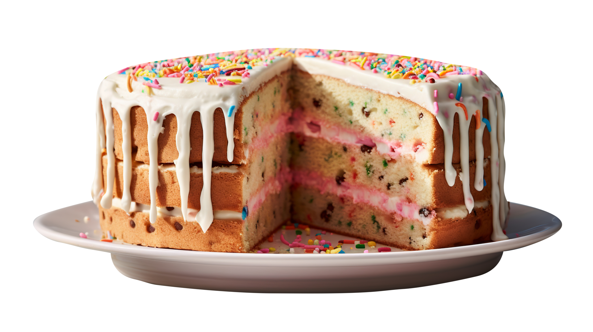 Delicious funfetti cake decorated with sprinkles on transparent