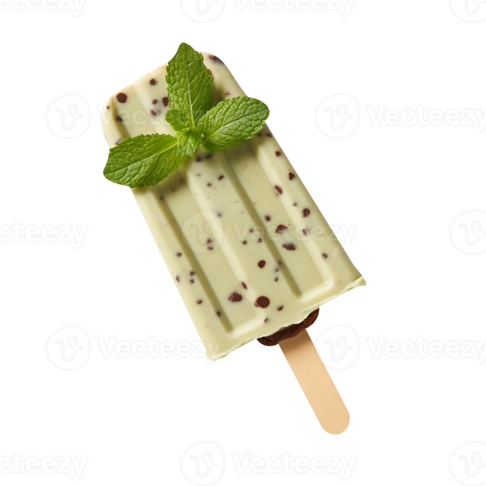 Frozen mint chocolate chip popsicle isolated on transparent background
