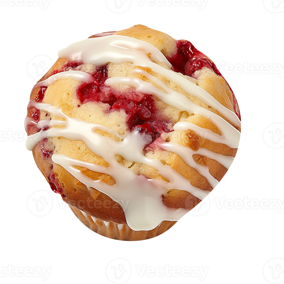 Tasty raspberry muffin with white chocolate on png background