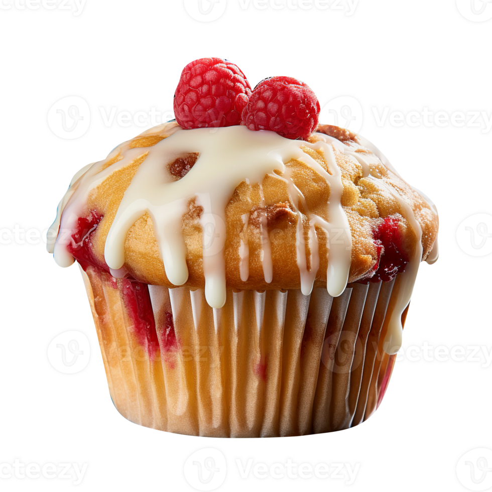 Tasty raspberry muffin with white chocolate on png background