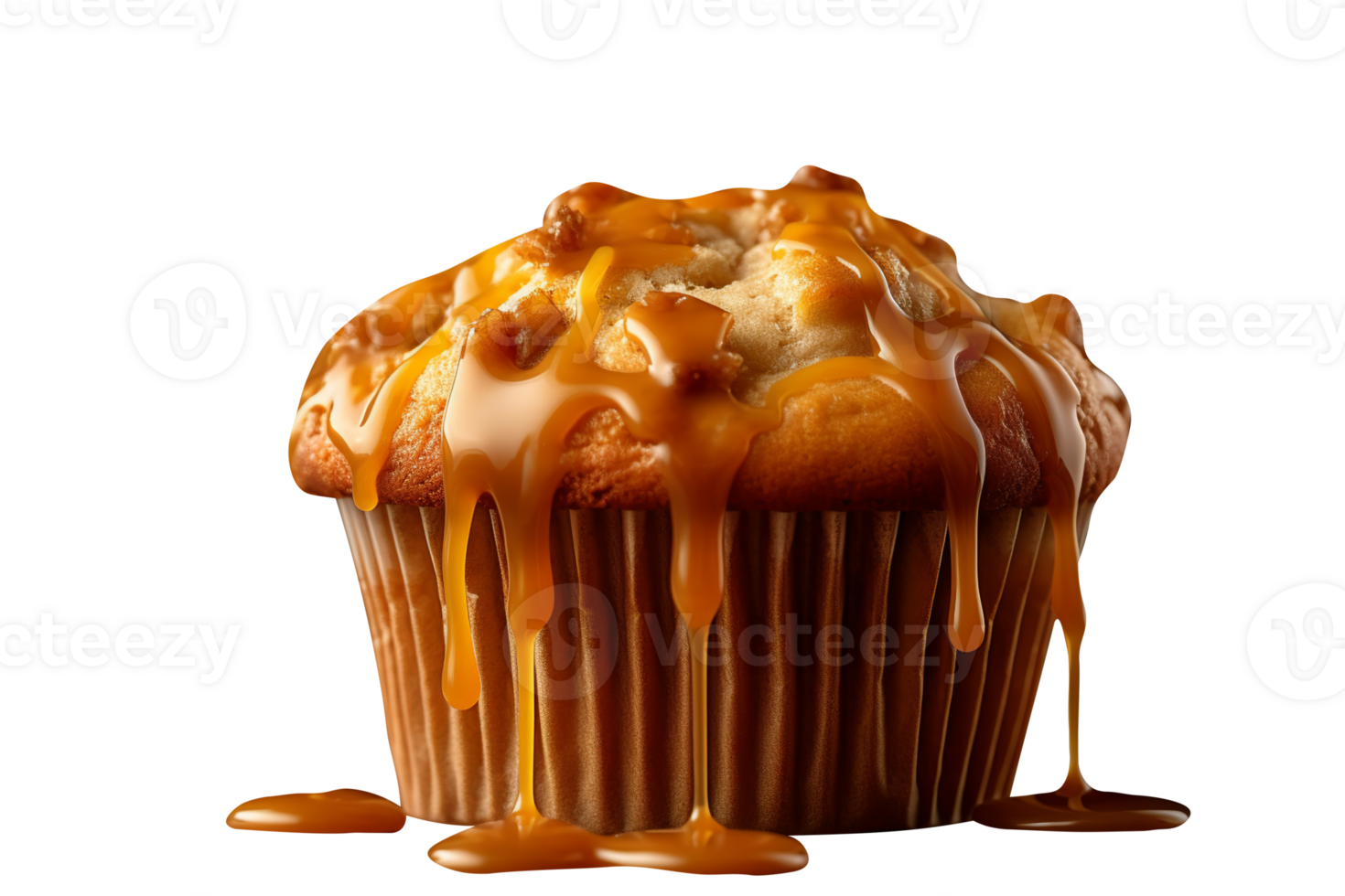 Tasty muffin with caramel sauce on png background