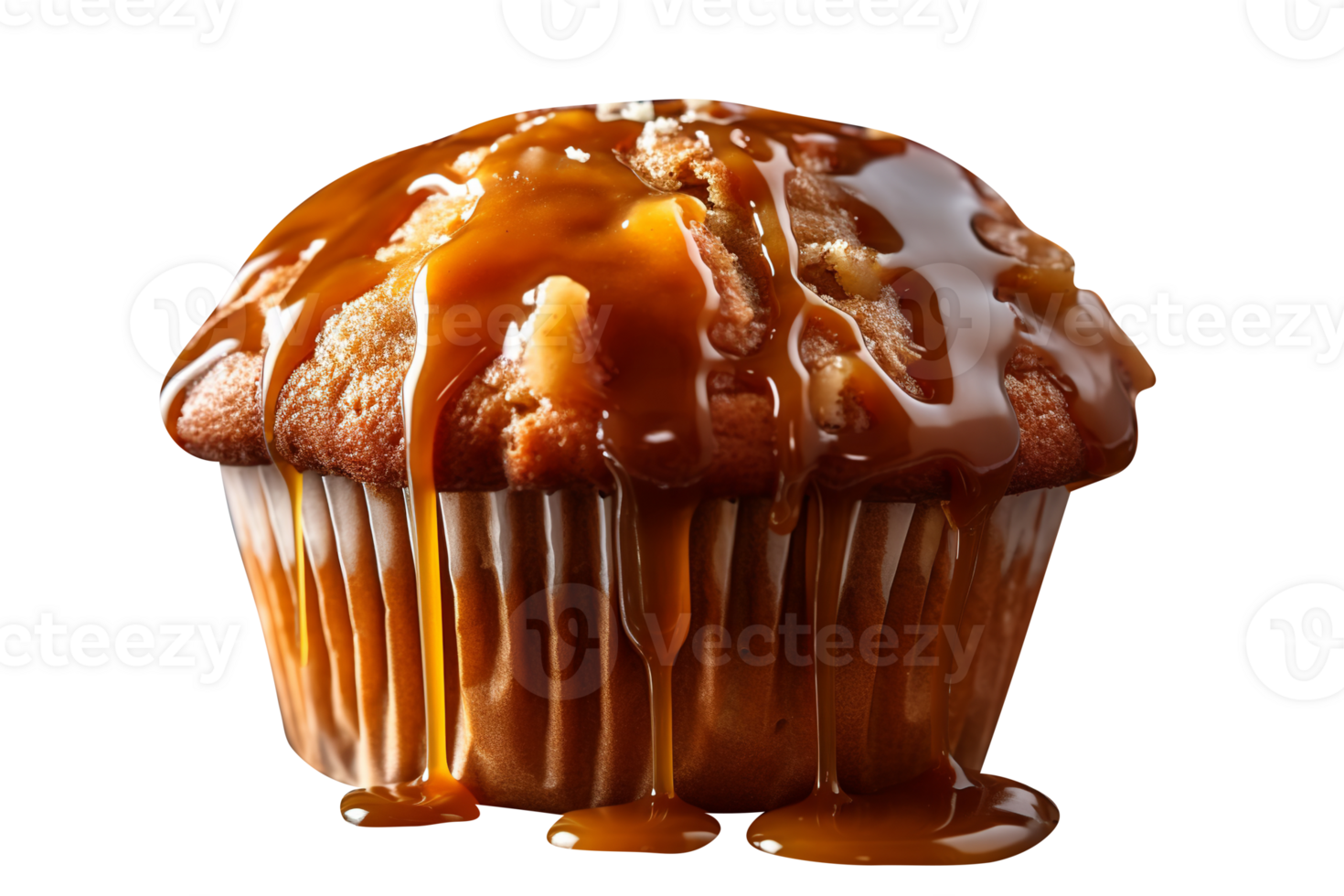 Tasty muffin with caramel sauce on png background