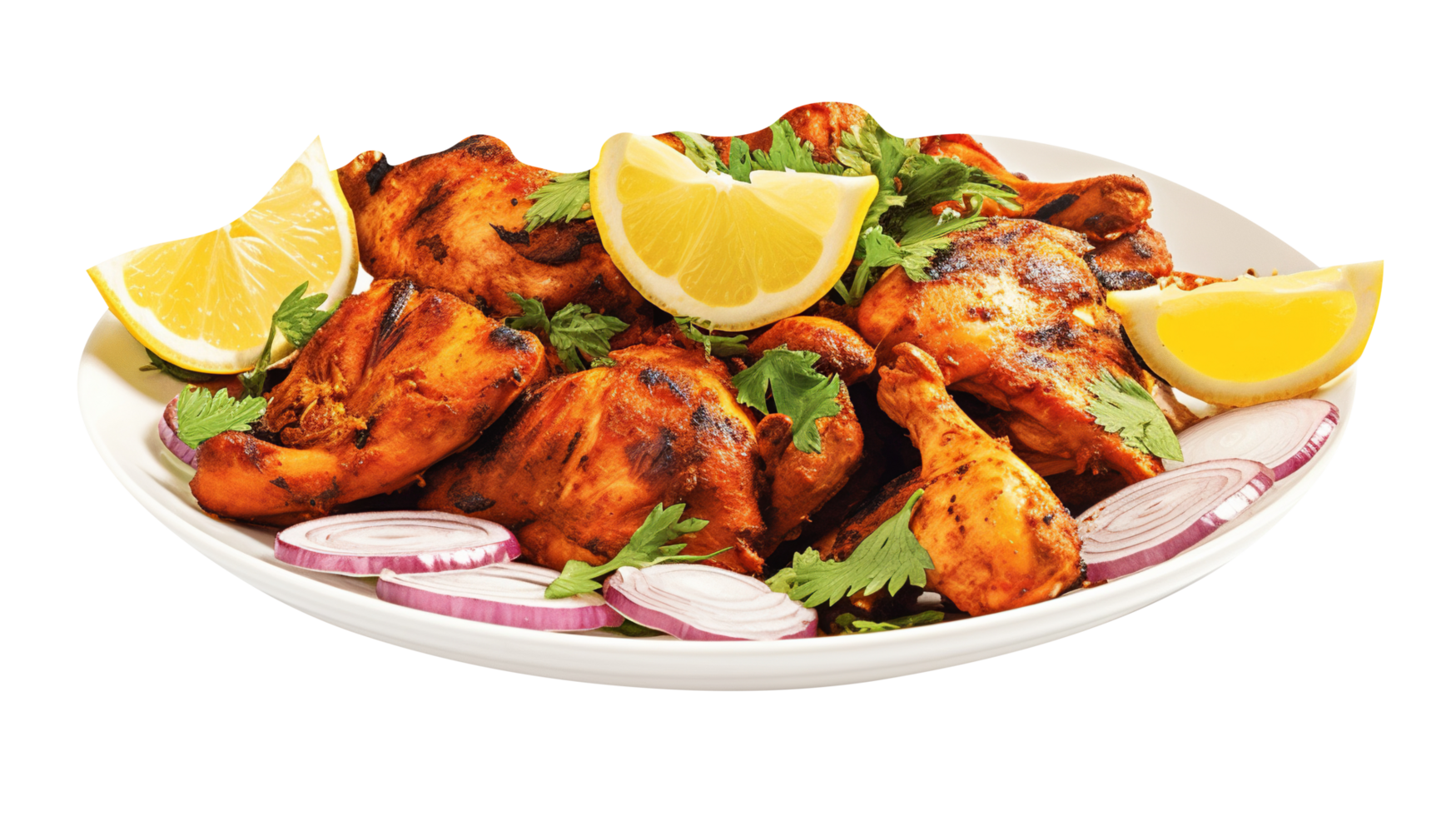 Plate of tasty chicken tandoori isolated on transparent background png
