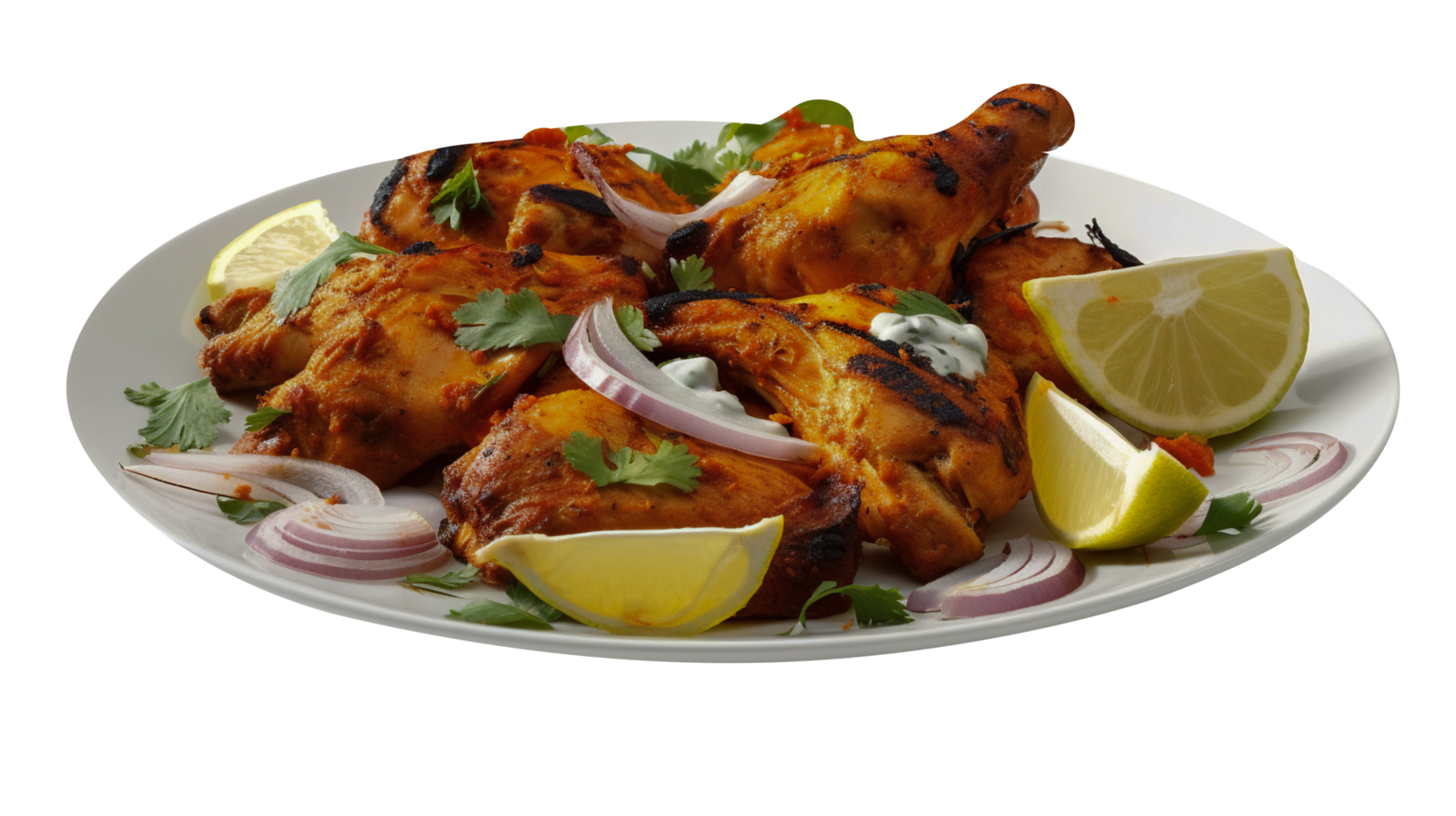 Plate of tasty chicken tandoori isolated on transparent background png