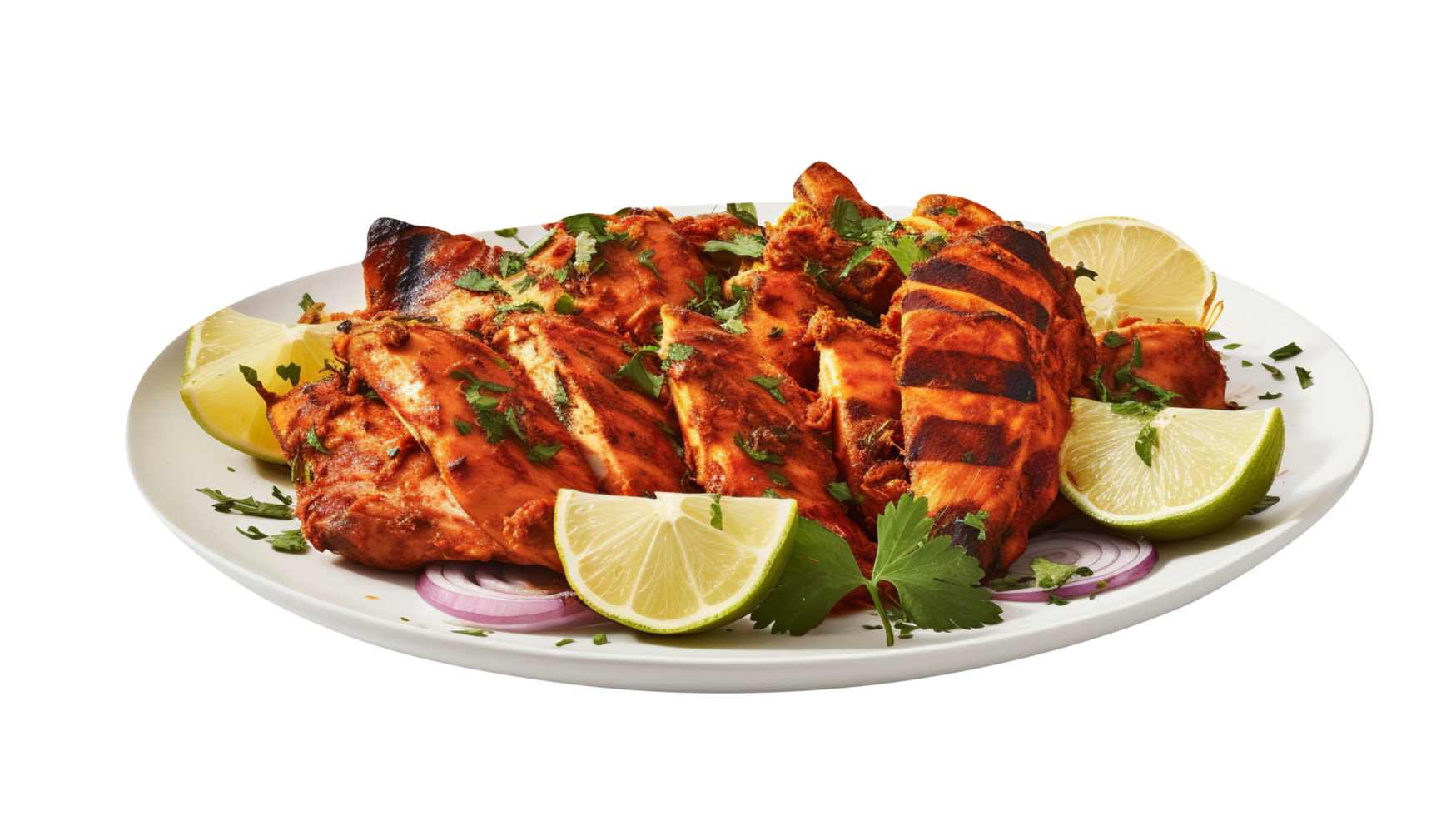 Plate of tasty chicken tandoori isolated on transparent background png