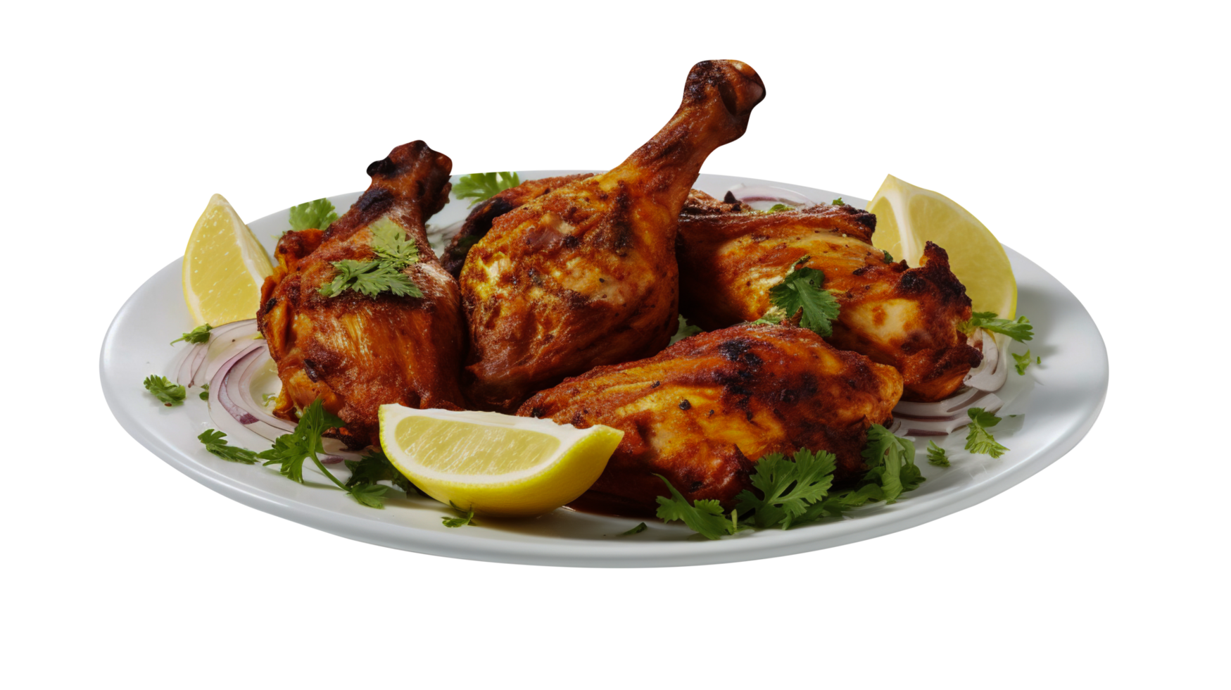Plate of tasty chicken tandoori isolated on transparent background png