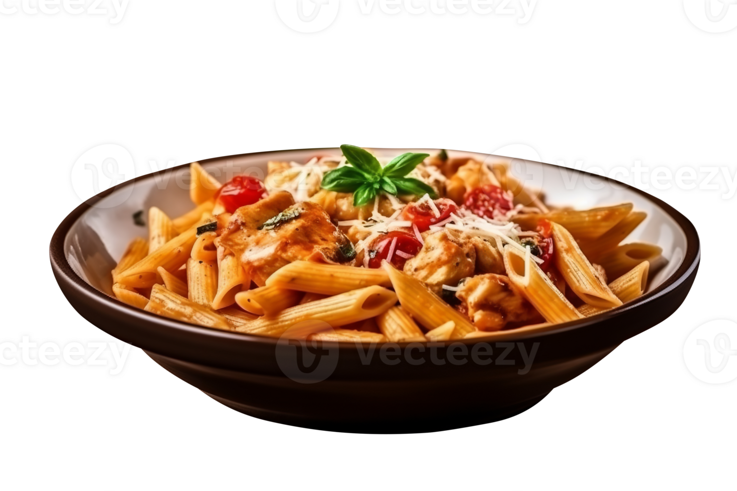 Penne pasta with tomato sauce, parmesan cheese and basil on transparent background png