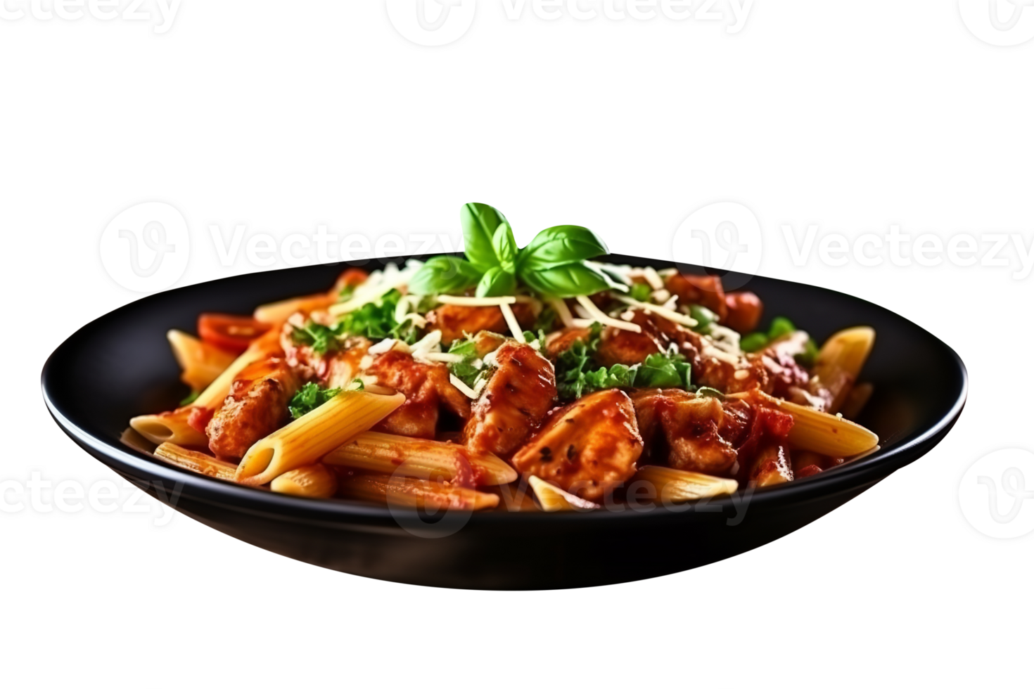 Penne pasta with tomato sauce, parmesan cheese and basil on transparent background png