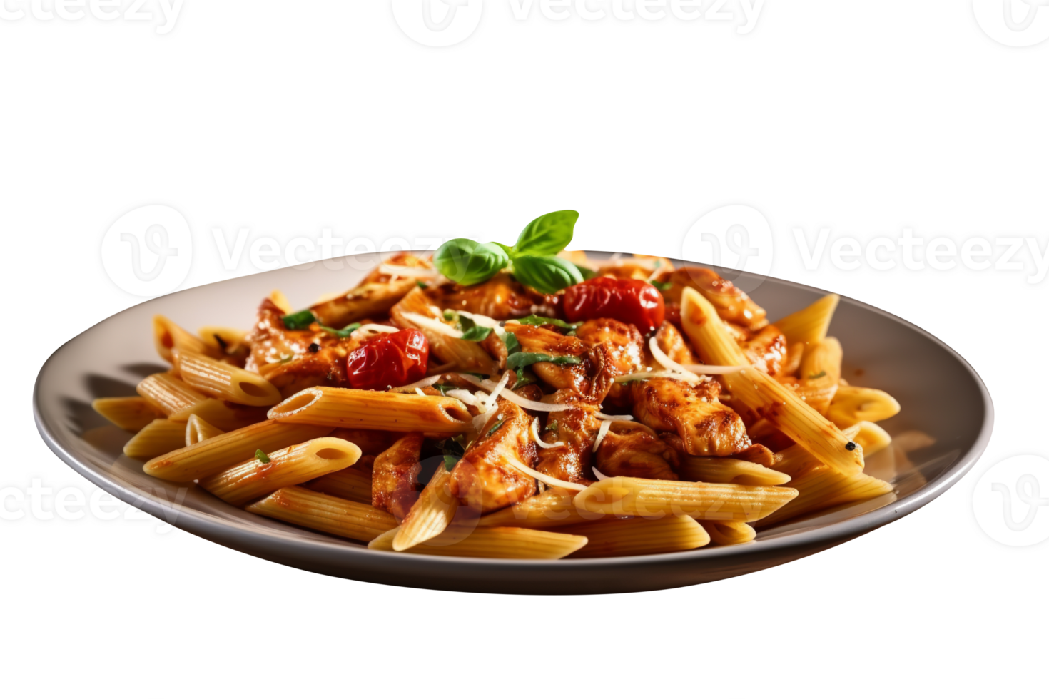 Penne pasta with tomato sauce, parmesan cheese and basil on transparent background png