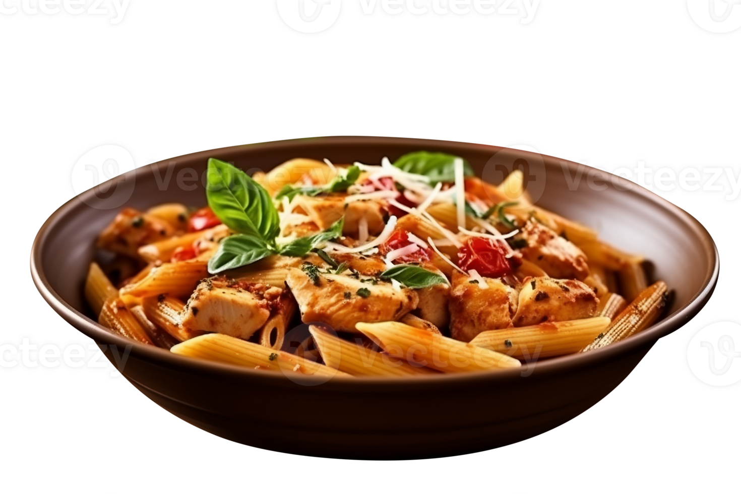 Penne pasta with tomato sauce, parmesan cheese and basil on transparent background png