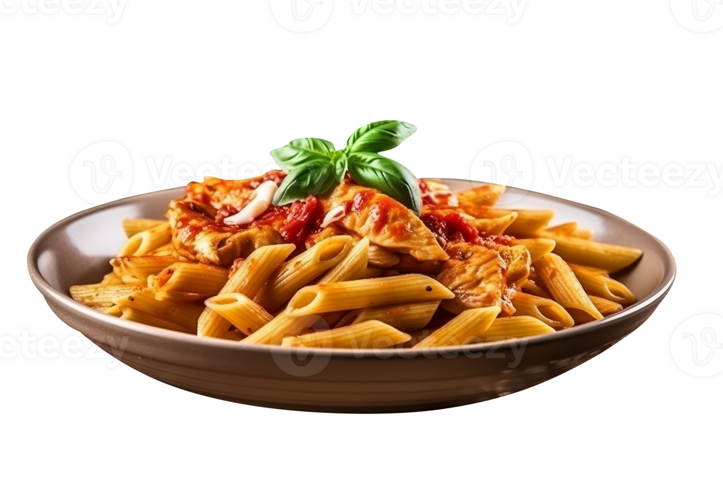 Penne pasta with tomato sauce, parmesan cheese and basil on transparent background png