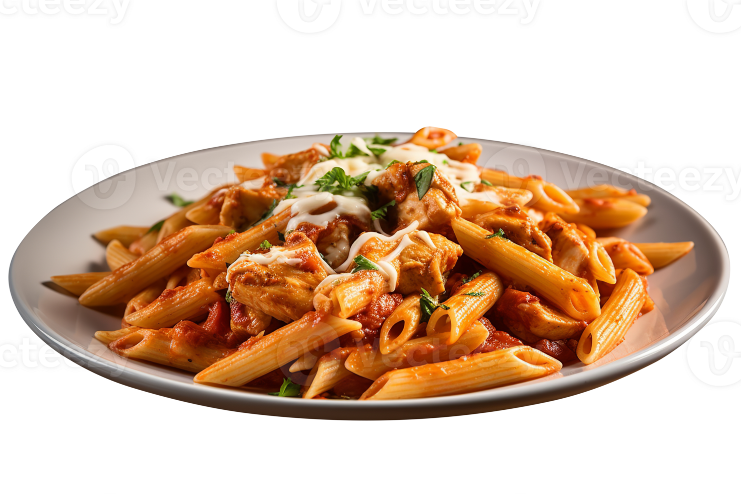 Penne pasta with tomato sauce, parmesan cheese and basil on transparent background png