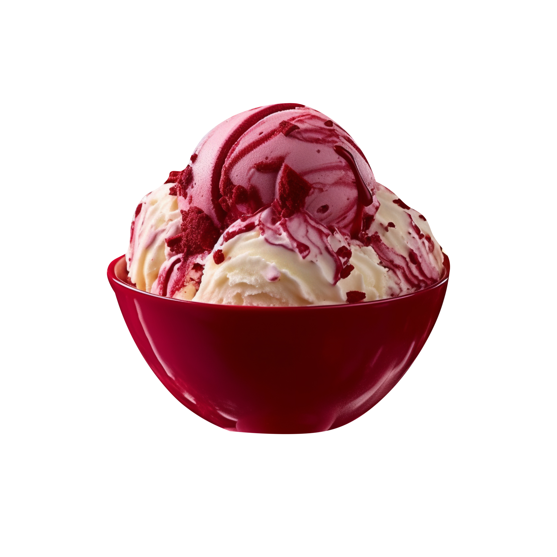 Yummy red velvet ice cream bowl isolated on transparent background