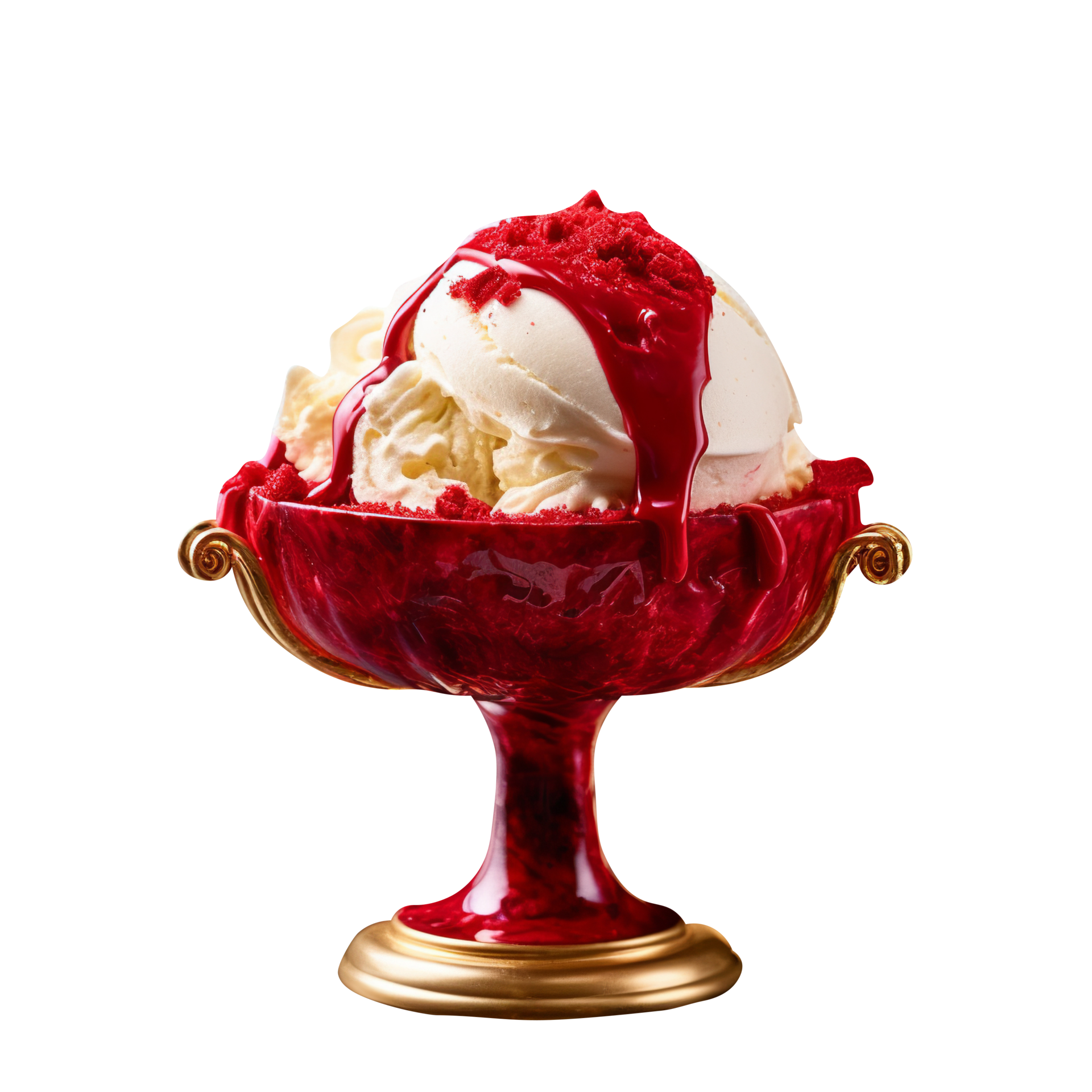 Yummy red velvet ice cream bowl isolated on transparent background