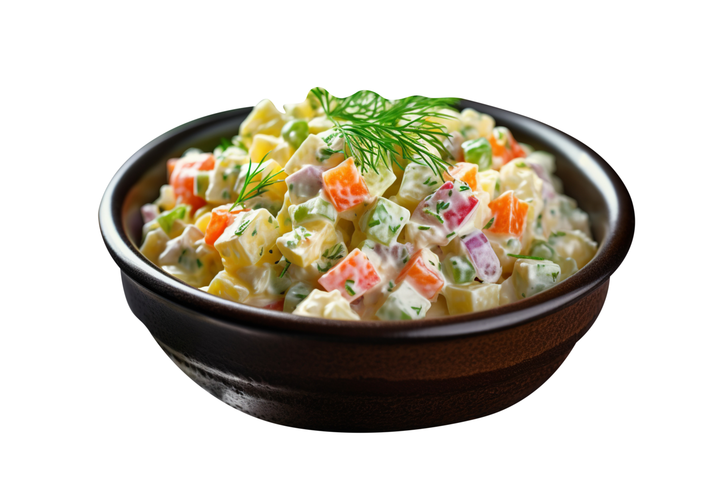 Bowl of tasty russian salad isolated on transparent background png