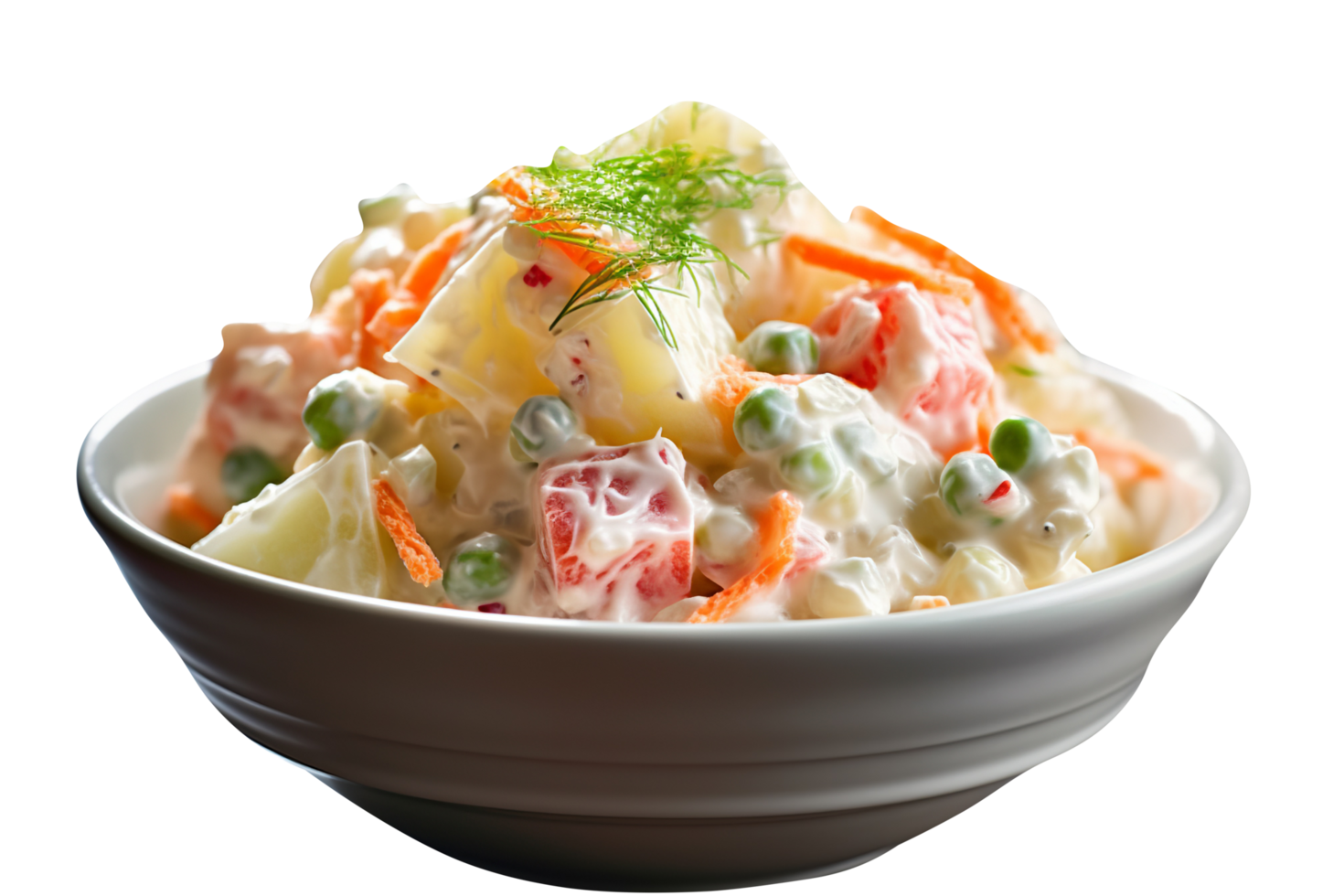 Bowl of tasty russian salad isolated on transparent background png