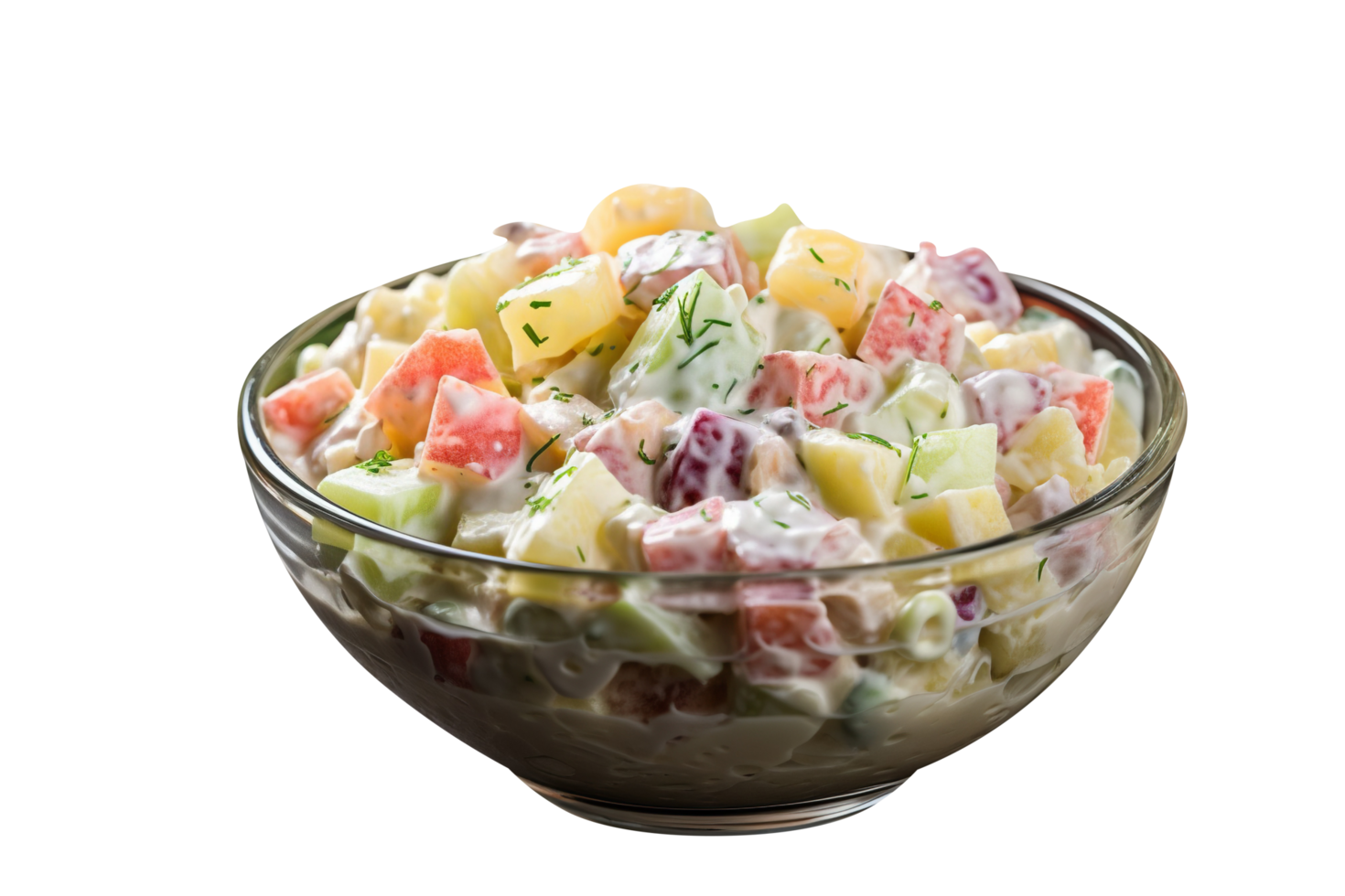 Bowl of tasty russian salad isolated on transparent background png