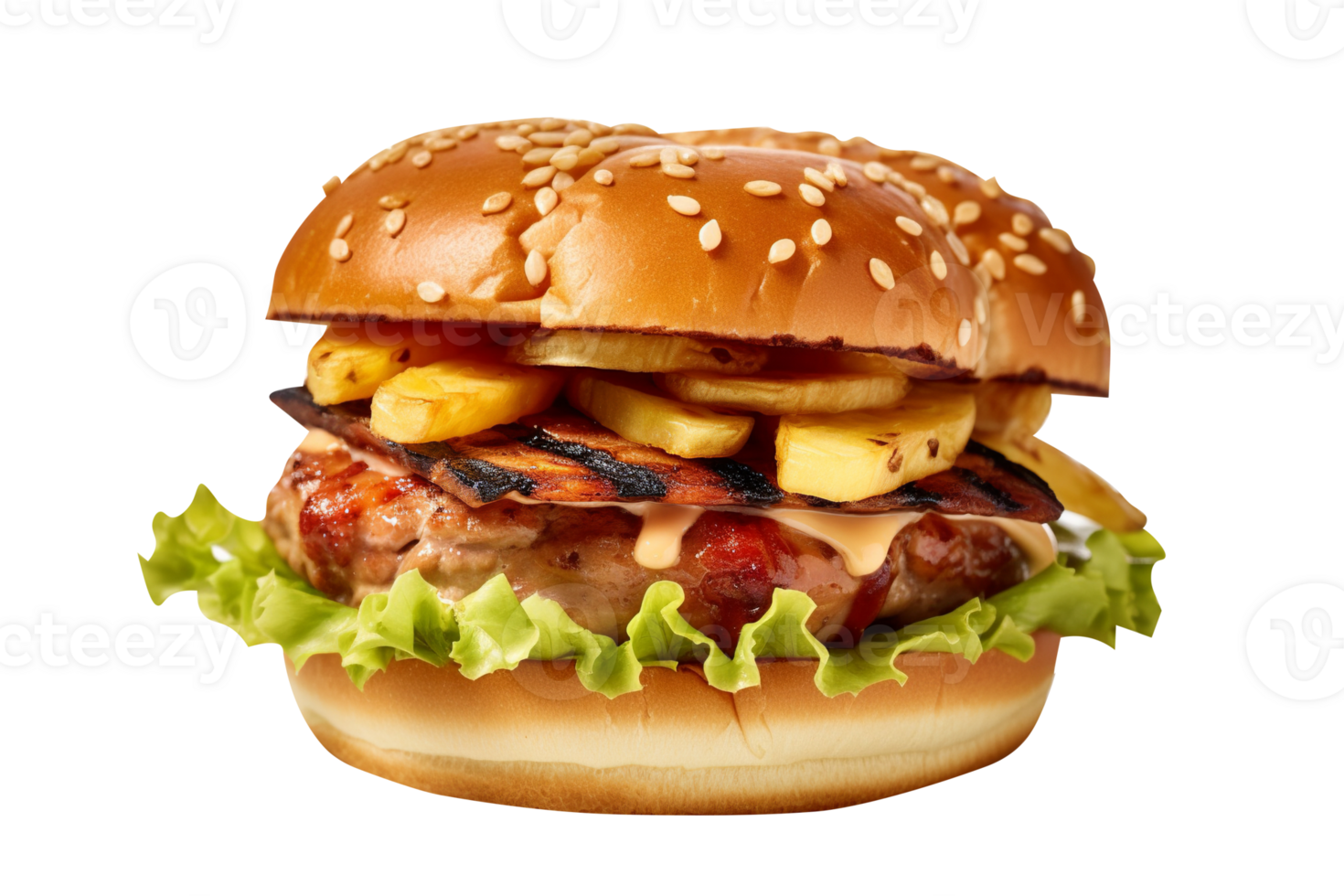 Delicious hawaiian burger isolated on transparent background png