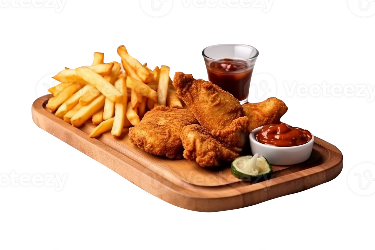 Fried chicken with french fries on png background