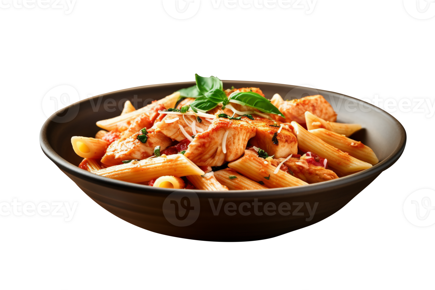 Penne pasta with tomato sauce, parmesan cheese and basil on transparent background png