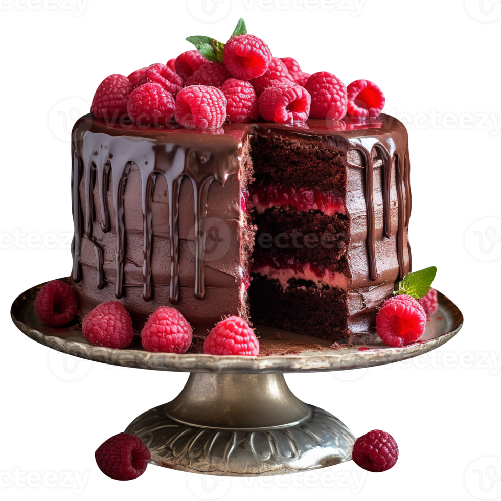 Delicious chocolate cake with chocolate icing and raspberries on transparent background png