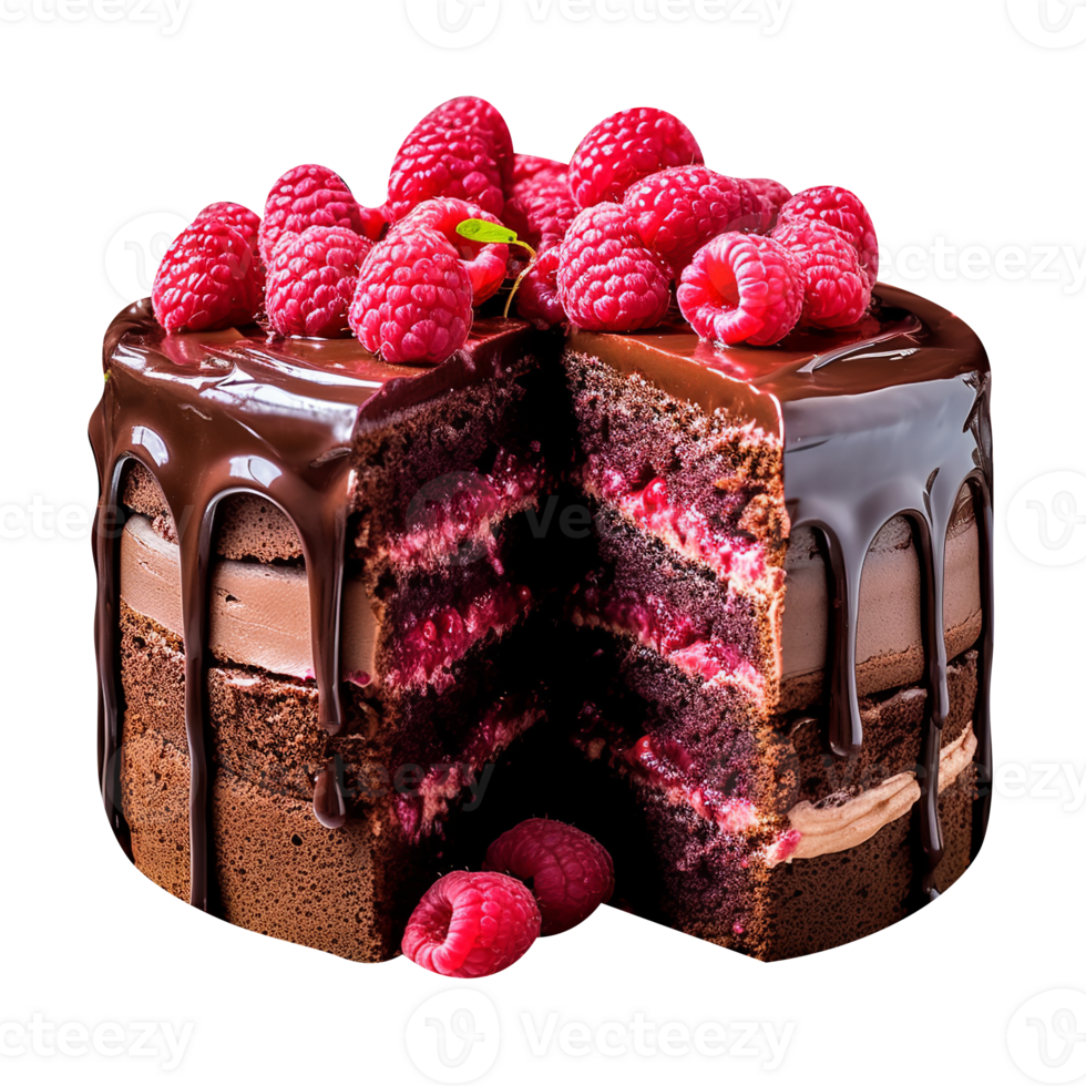 Delicious chocolate cake with chocolate icing and raspberries on transparent background png